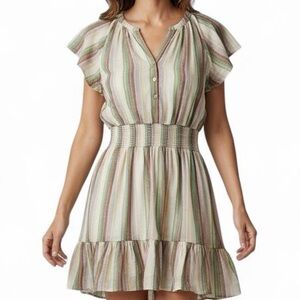 Rails Augustine Linen Multicolor Stripe Smocked Mini Dress Coastal Beachy L Chic
